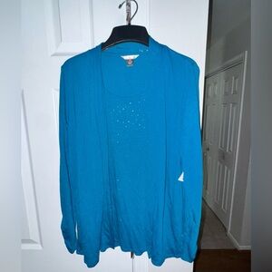 White Stag Women's M Turquoise Open Front Cardigan & Camisole Set with Sequins